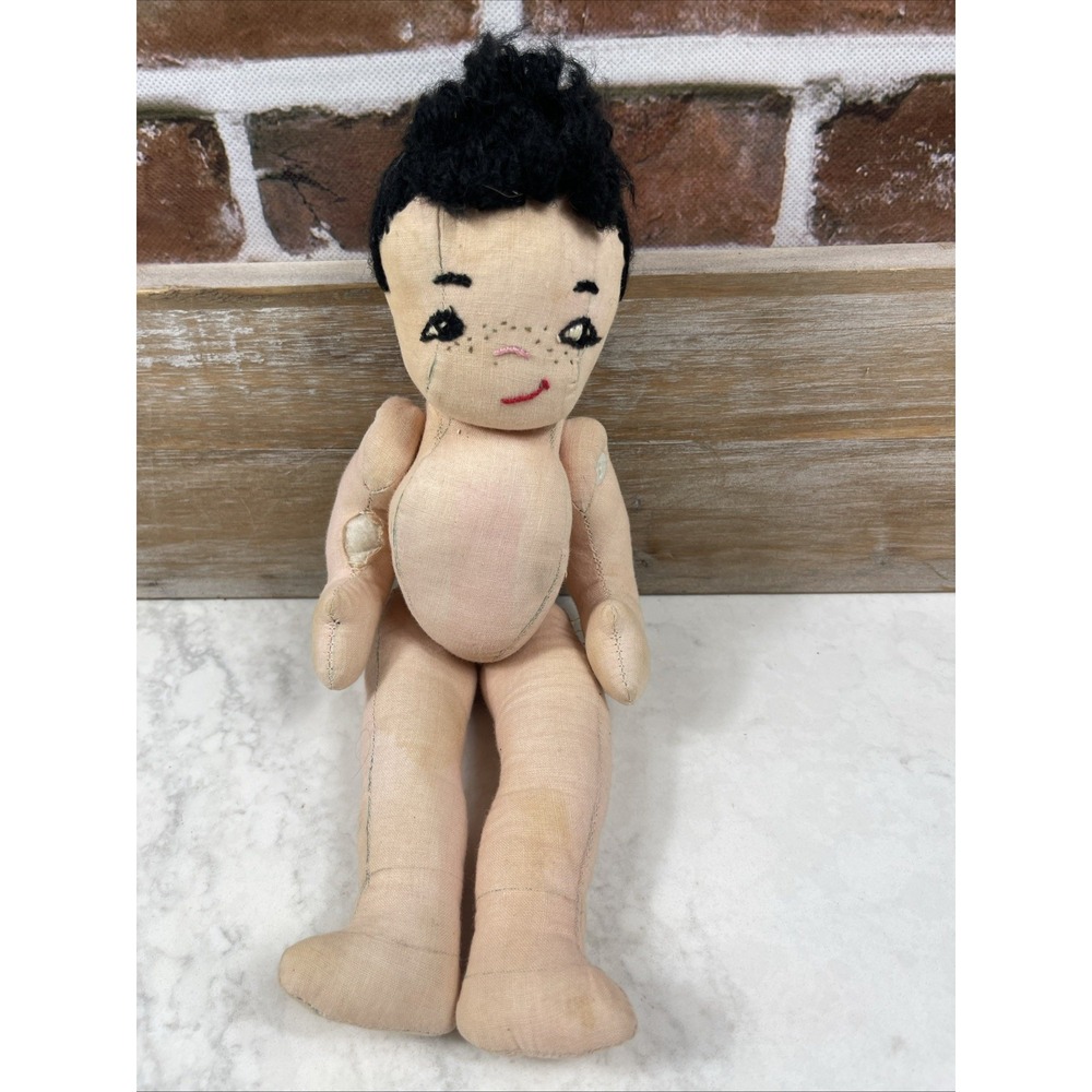 Vintage handmade cloth rag doll 1940s fabric Embroidered Features 15"